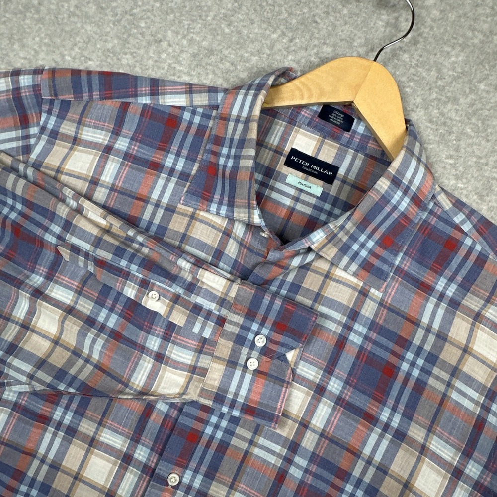 Peter Millar Shirt Mens 2XL‎ Blue Red Tartan Plaid Crown Crafted Flex Finish
